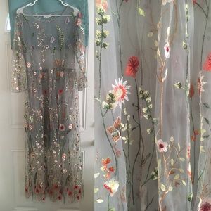 Grey Sheer Floral Embroidered Maxi Dress